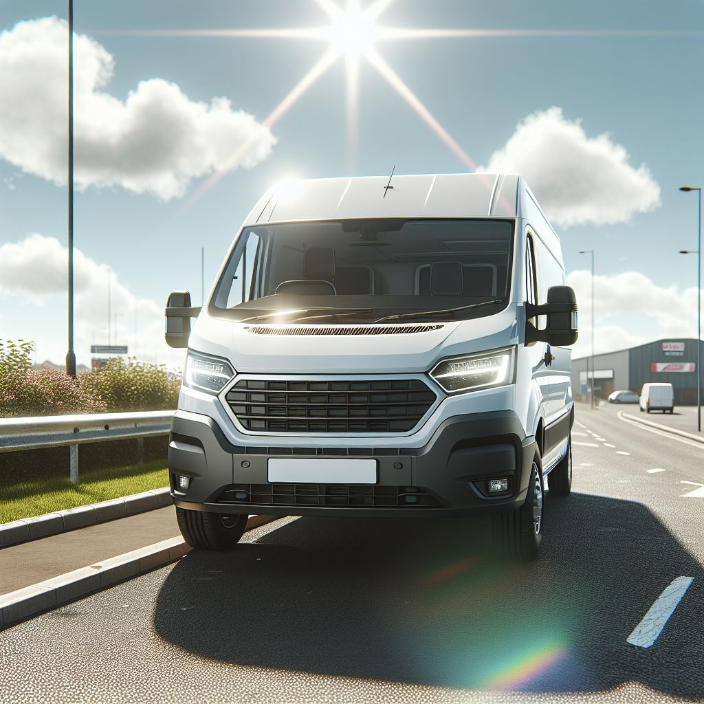 A 4K image of a white van parked on a sunny day in the UK. The van is clean and modern, positioned o